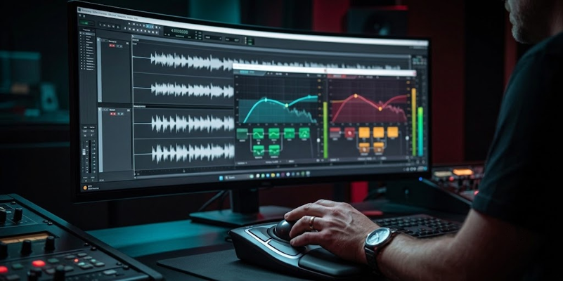 Professional Editor editing waveforms on monitor