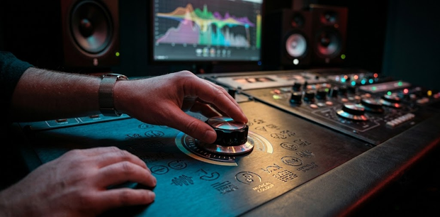 Editor adjusting studio mastering knob