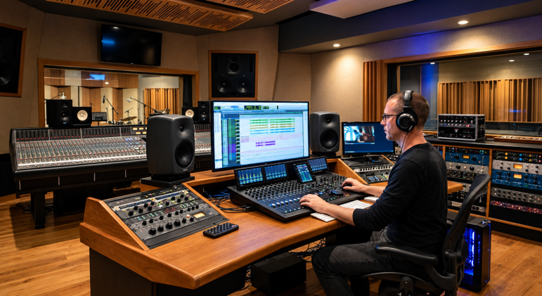 Professional music producer working at a mixing console