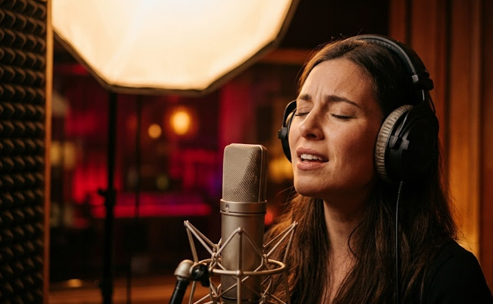 Vocalist recording in studio